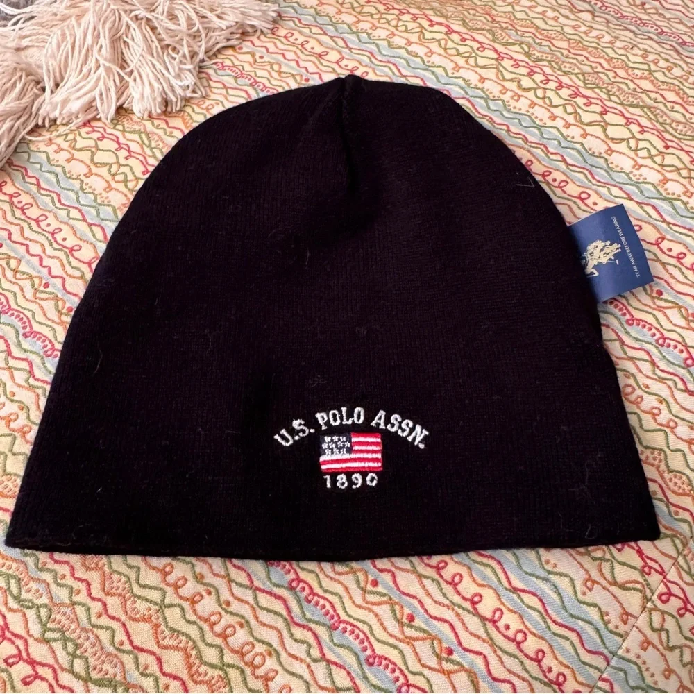 US Polo Assn Hat Beanie Knit Reversible Black Gray Striped Embroidered Winter